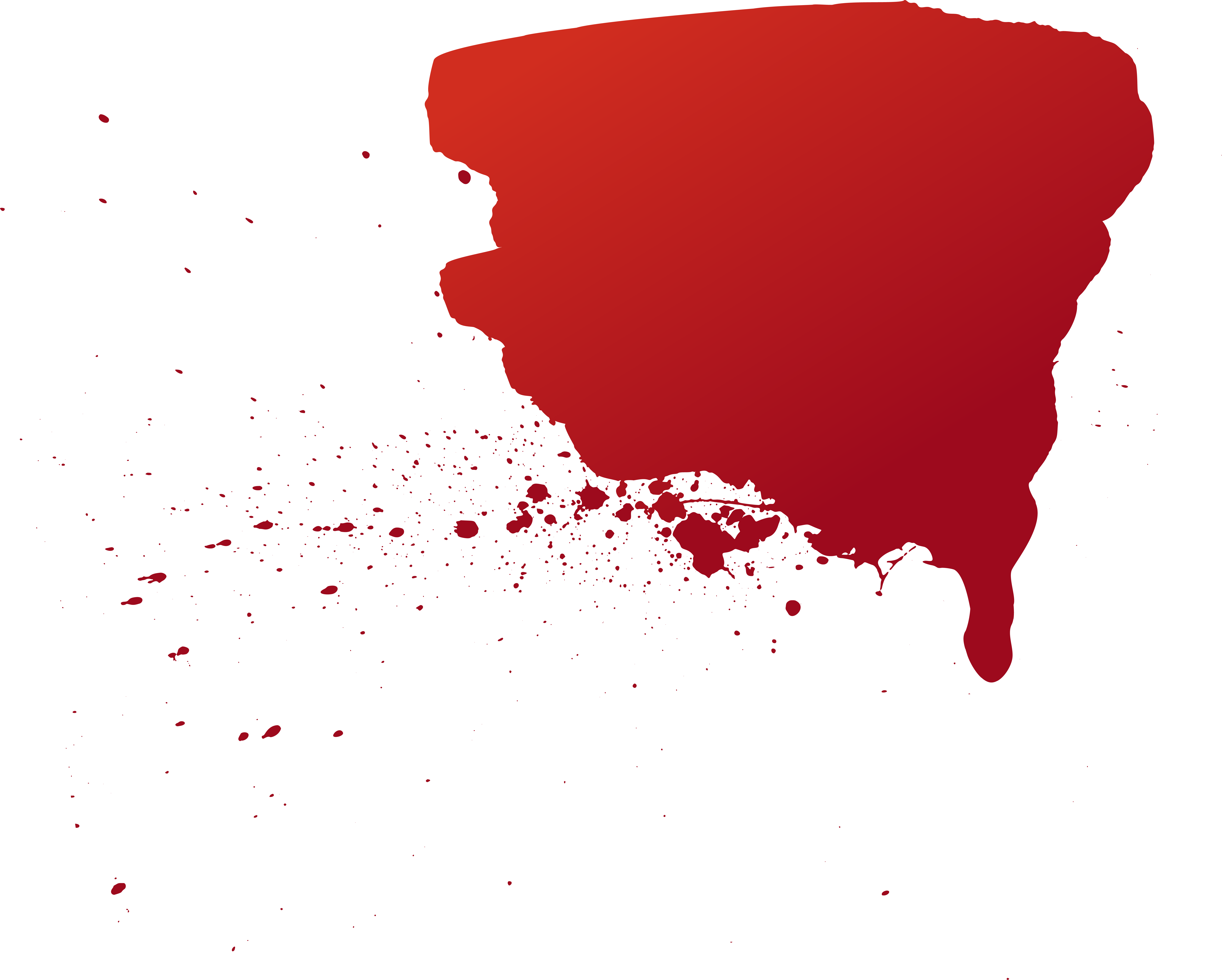 A large red blood splatter with a thick, rounded shape on one side, gradually thinning out into small droplets with a single elongated drip on a black background.